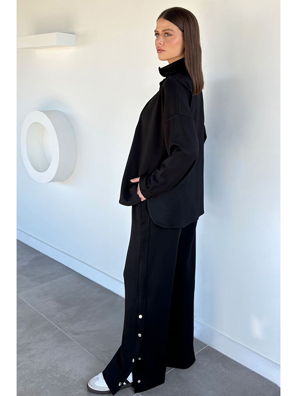 Siyah Kadın Çıtçıt Detaylı Sweat Bel Lastikli Pantolon İkili Takım-2