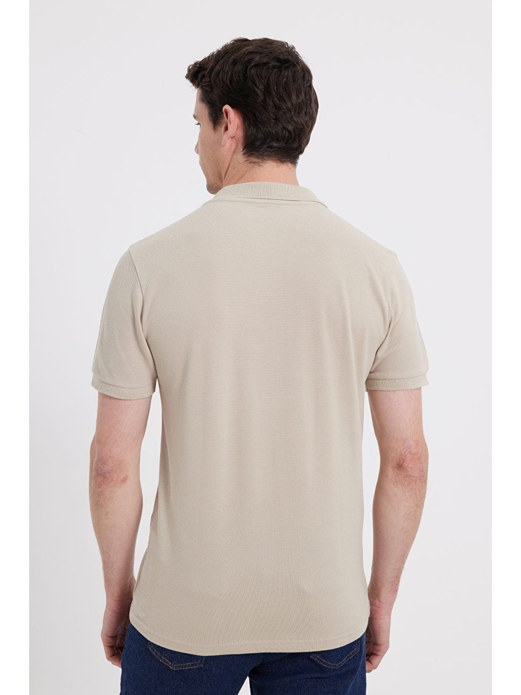 Erkek Slim Fit Dar Kesim %100 Pamuk Kısa Kollu Polo Yaka Bej Tişört-5