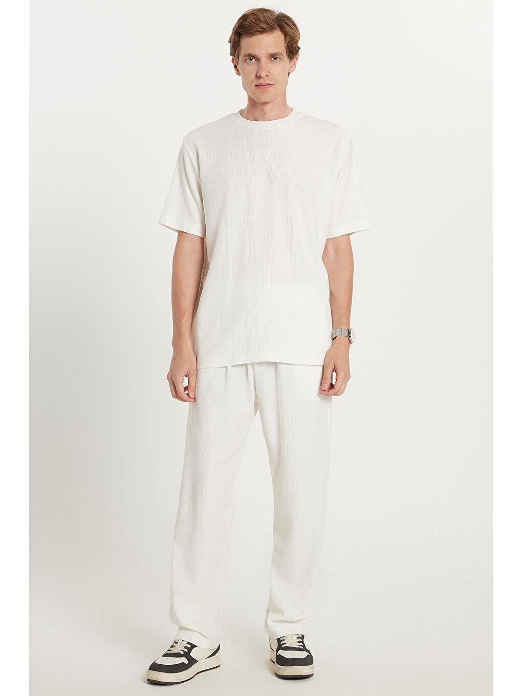 Erkek Oversize Geniş Kesim Beli Lastikli Bağcıklı Bisiklet Yaka Ekru Eşofman Takımı-3