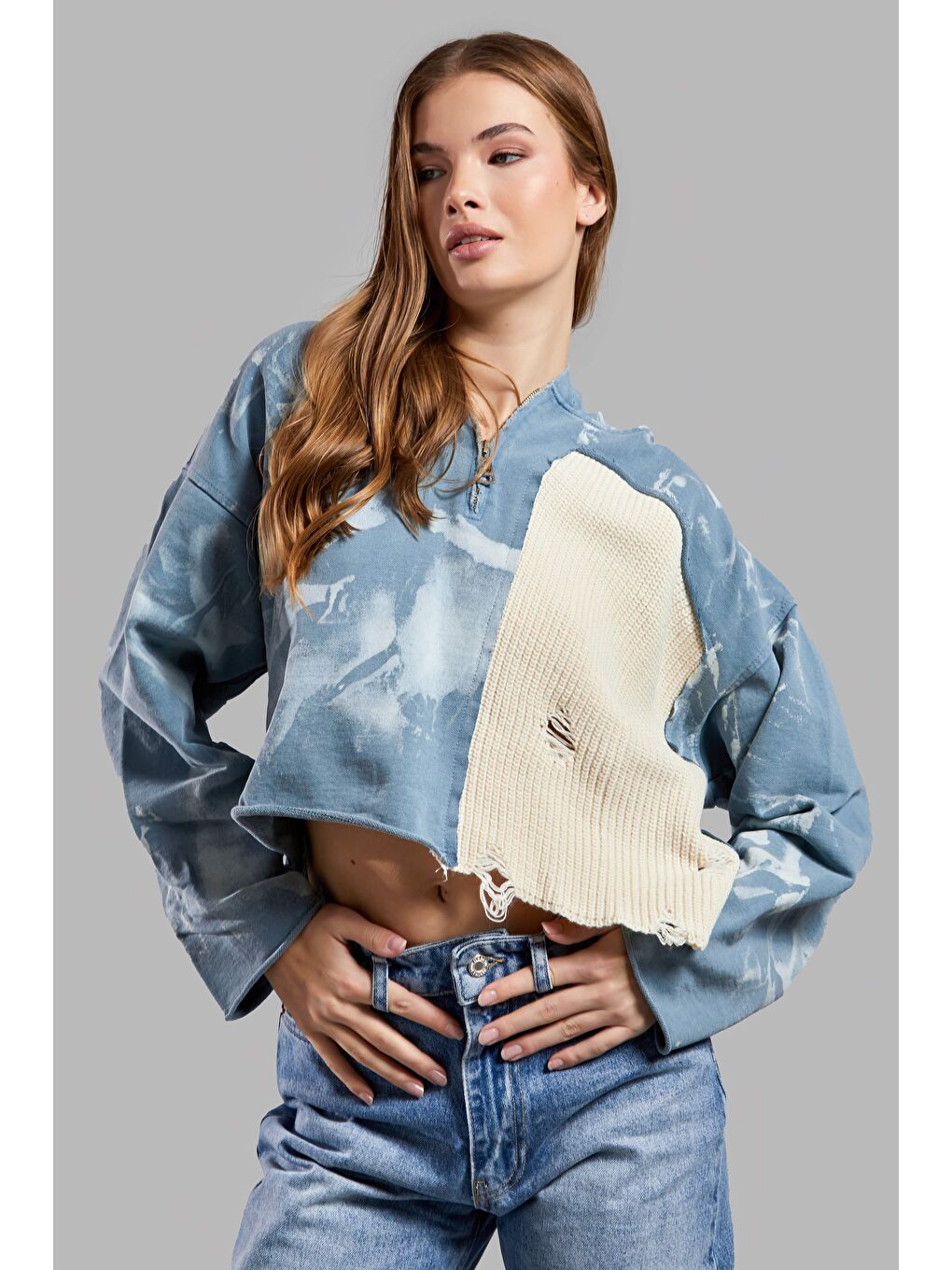 Kadın Mavi Renk Örme Triko Karışımlı Tasarım Sweatshirt-4