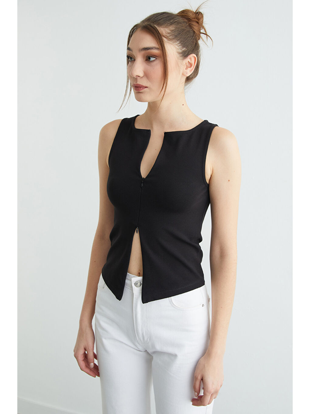 Siyah Basic Çift Fermuarlı Bluz-2