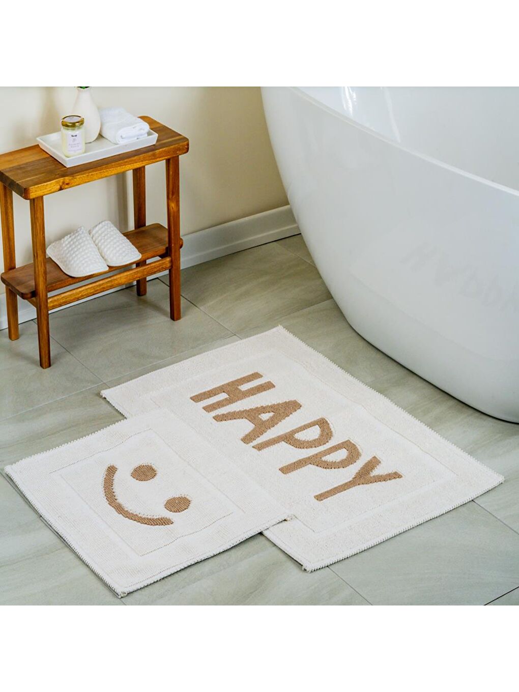 Happy Doğal Pamuklu 2'li Banyo Paspas Seti 60x100+50x60 Cm - Bej