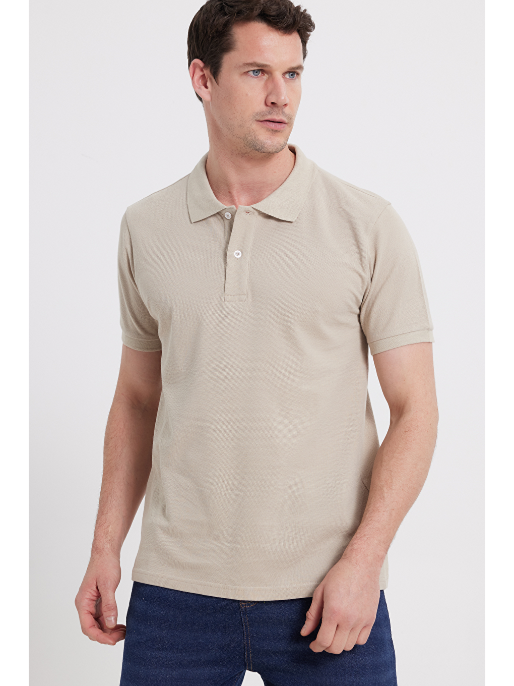 Erkek Slim Fit Dar Kesim %100 Pamuk Kısa Kollu Polo Yaka Bej Tişört-6