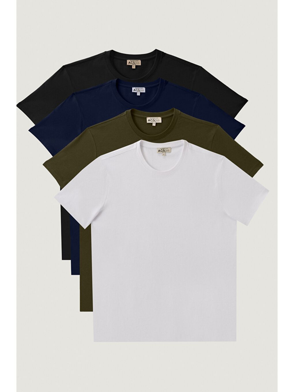 Erkek Beyaz-Siyah-Lacivert-Haki Slim Fit 4'lü Tişört Paket