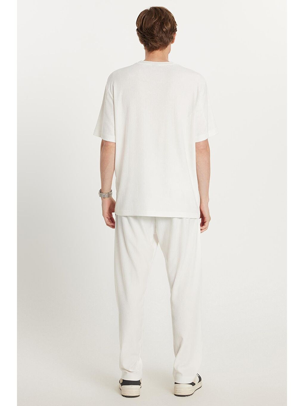 Erkek Oversize Geniş Kesim Beli Lastikli Bağcıklı Bisiklet Yaka Ekru Eşofman Takımı-4