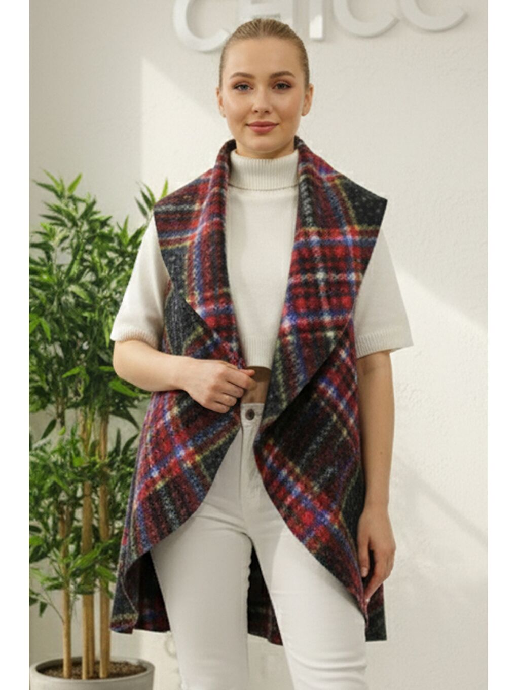 İtalyan Siyah-Bordo Şal Yaka Kolsuz Ekose Kapamasız Kalın Akrilik Uzun Oversize Dokuma Yelek 85 68