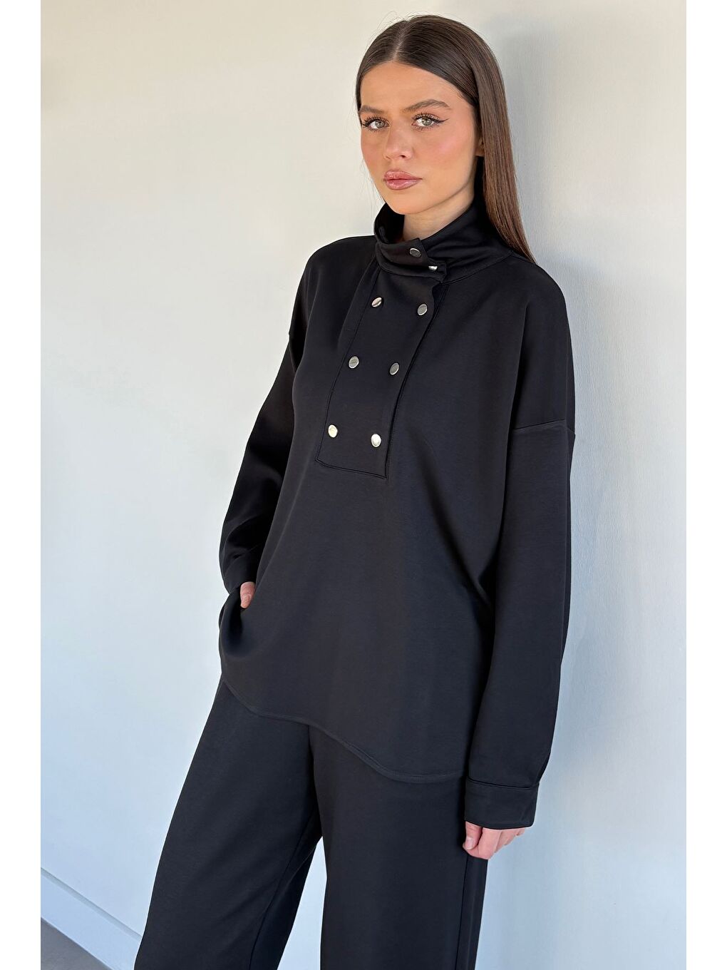 Siyah Kadın Çıtçıt Detaylı Sweat Bel Lastikli Pantolon İkili Takım-3