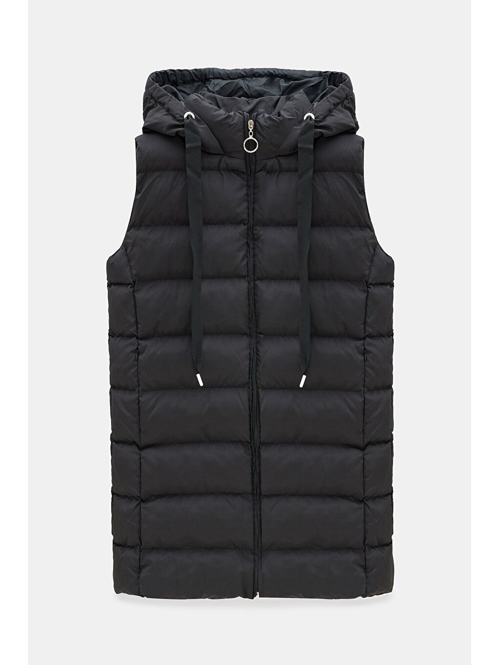 Siyah Kadın Regular Fit Dik Yaka Kapüşonlu Fermuarlı Cepli Şişme Yelek - Su Geçirmez-1