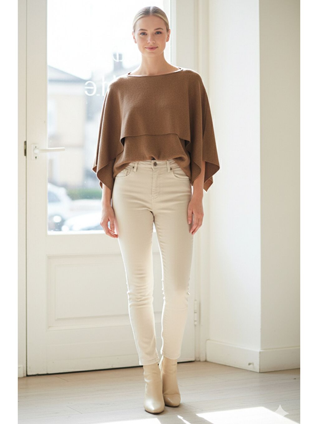 İtalyan Sütlü Kahverengi Kayık Yaka Mendil Kol Casual Akrilik Triko Kazak 55 60-1