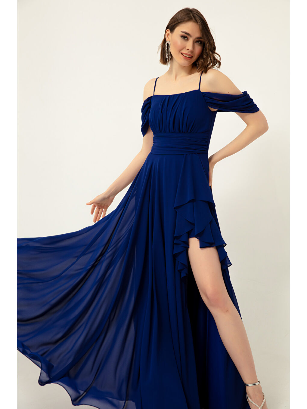 Mavi Kadın Saks Kayık Yaka Şifon Abiye Elbise