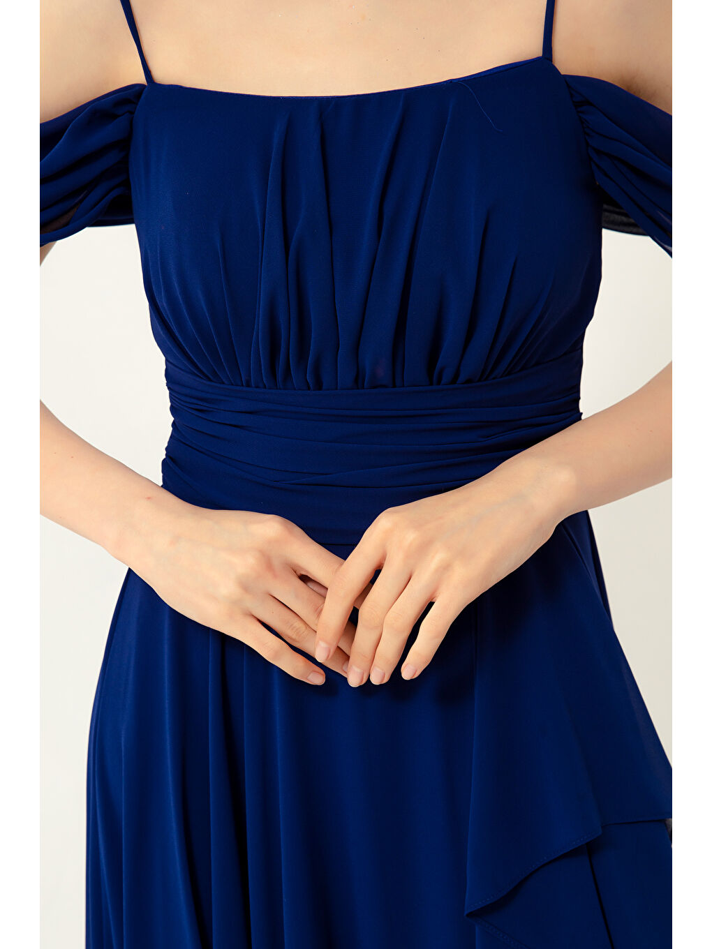 Mavi Kadın Saks Kayık Yaka Şifon Abiye Elbise-1