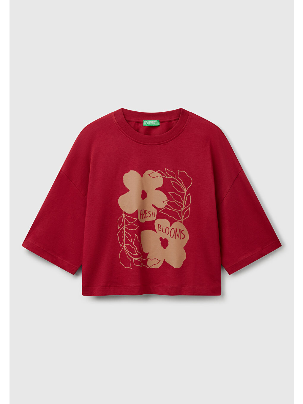 United Colors Of Benetton Kadın Bordo 100 Pamuk Çiçek Desenli Boxy Fit T Shirt - 1
