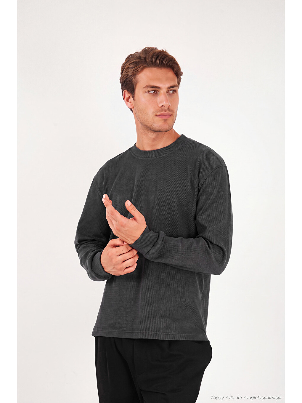 Antrasit Pamuk Karışımlı Relaxed Fit Bisiklet Yaka Sweat 5905837-2