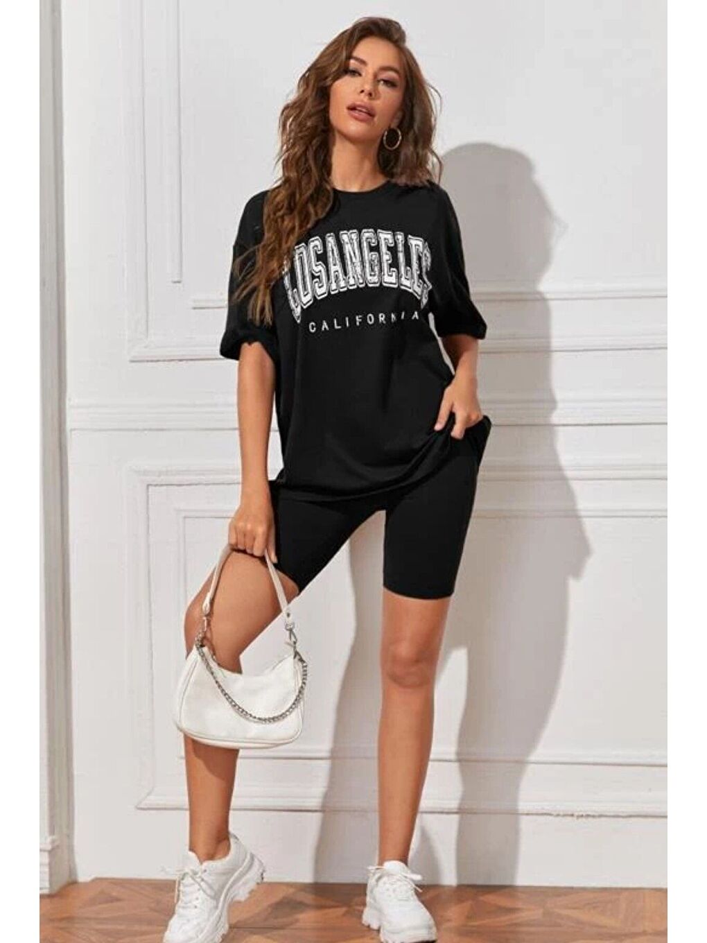 Kadın Oversize Siyah Baskılı Tshirt Takım