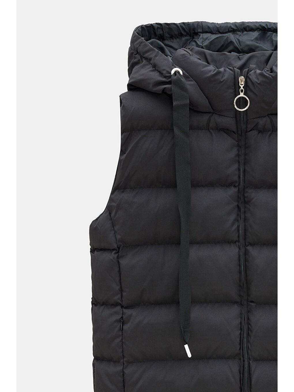 Siyah Kadın Regular Fit Dik Yaka Kapüşonlu Fermuarlı Cepli Şişme Yelek - Su Geçirmez-2