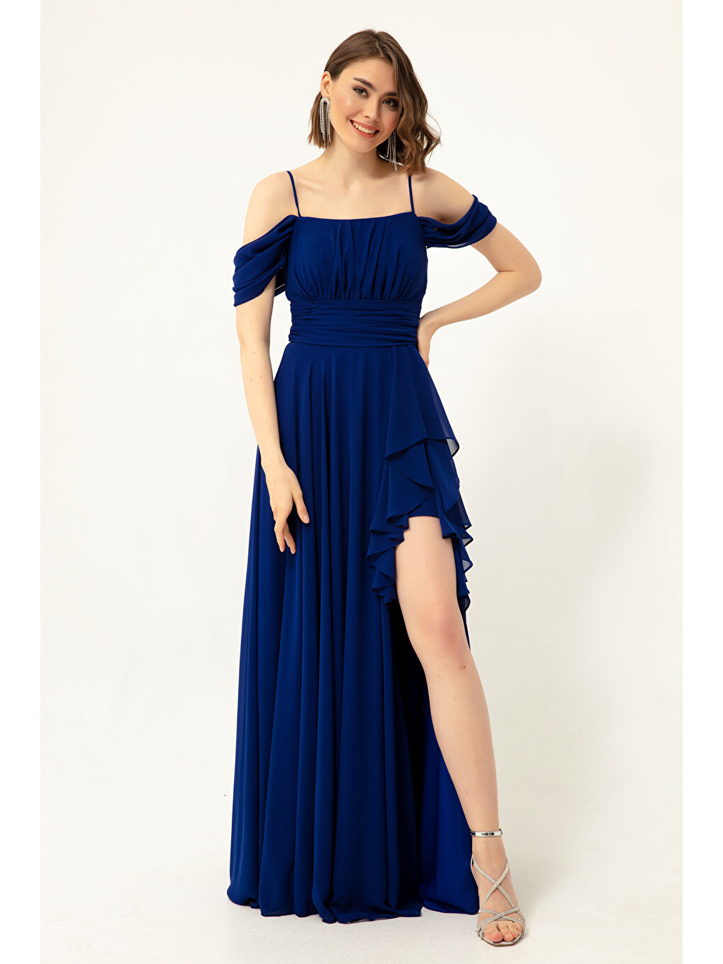 Mavi Kadın Saks Kayık Yaka Şifon Abiye Elbise-3