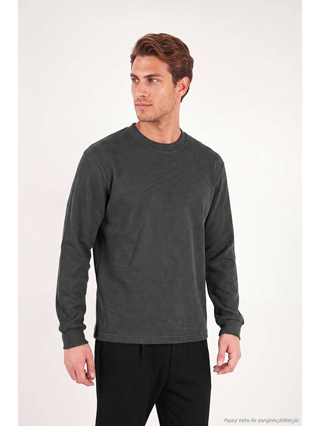 Antrasit Pamuk Karışımlı Relaxed Fit Bisiklet Yaka Sweat 5905837-3