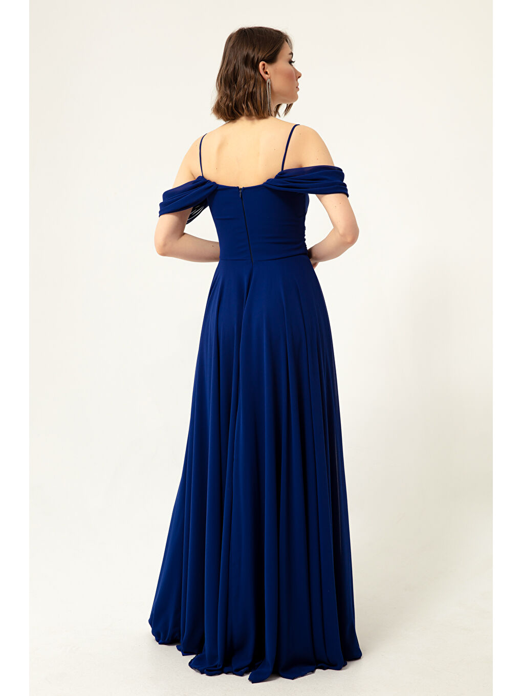 Mavi Kadın Saks Kayık Yaka Şifon Abiye Elbise-4