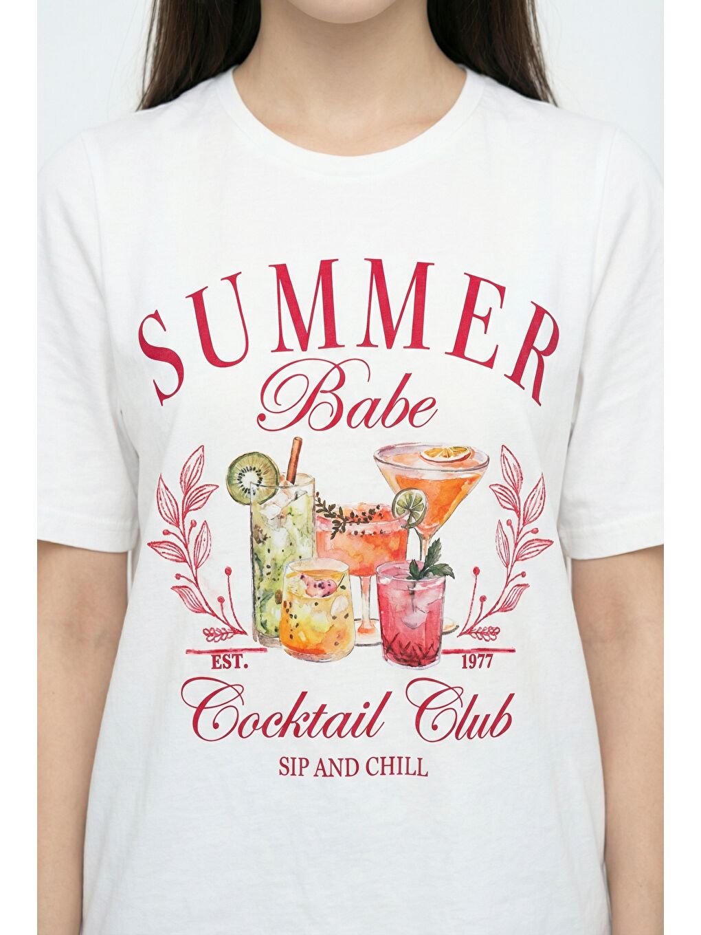 Summer Babe Baskılı Oversize Tişört Ekru-1