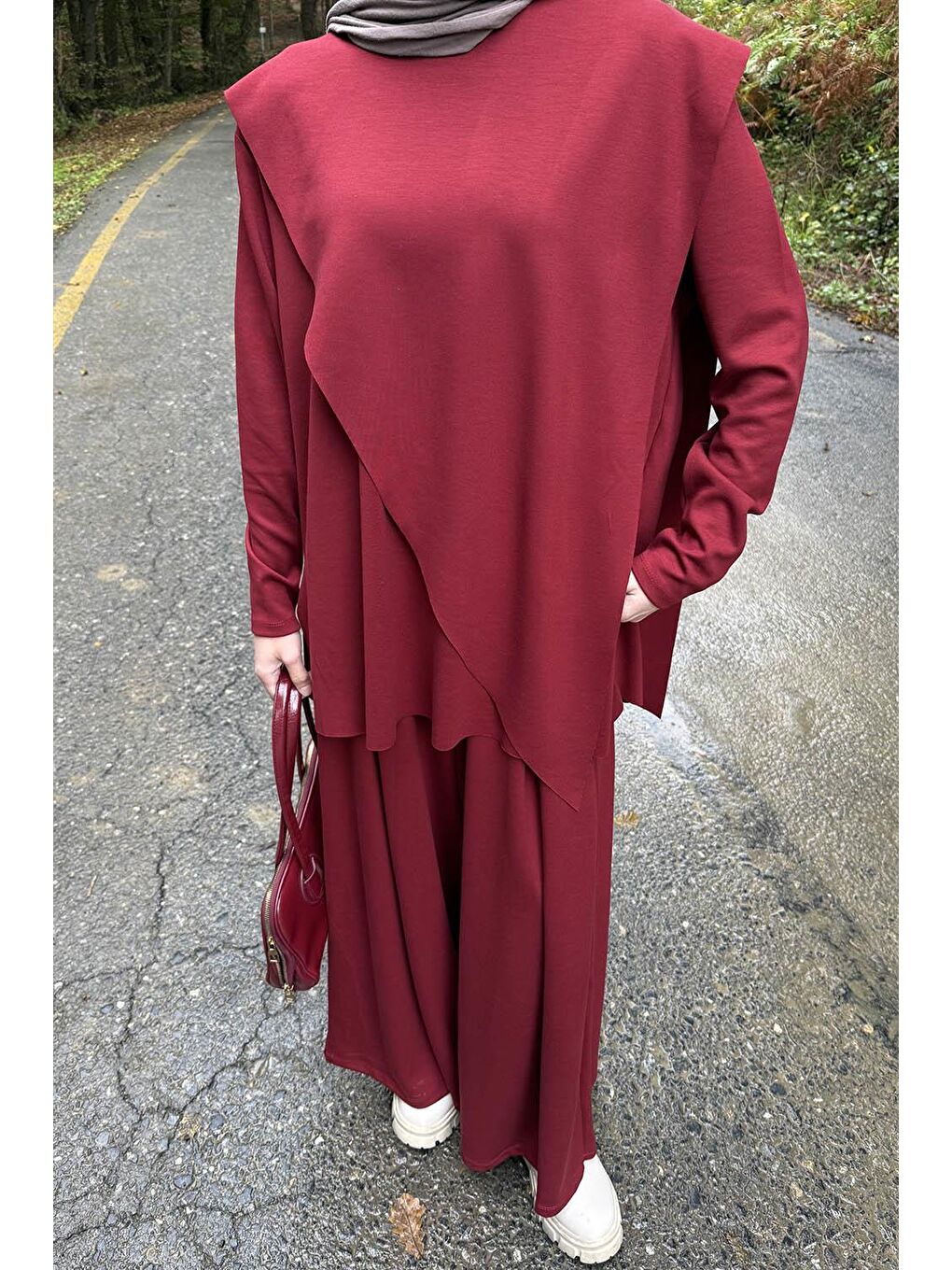 Pelerinli Tesettür Takım Bordo-2