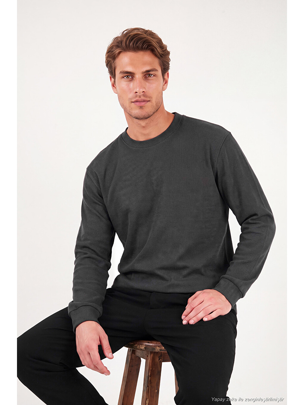 Antrasit Pamuk Karışımlı Relaxed Fit Bisiklet Yaka Sweat 5905837-4