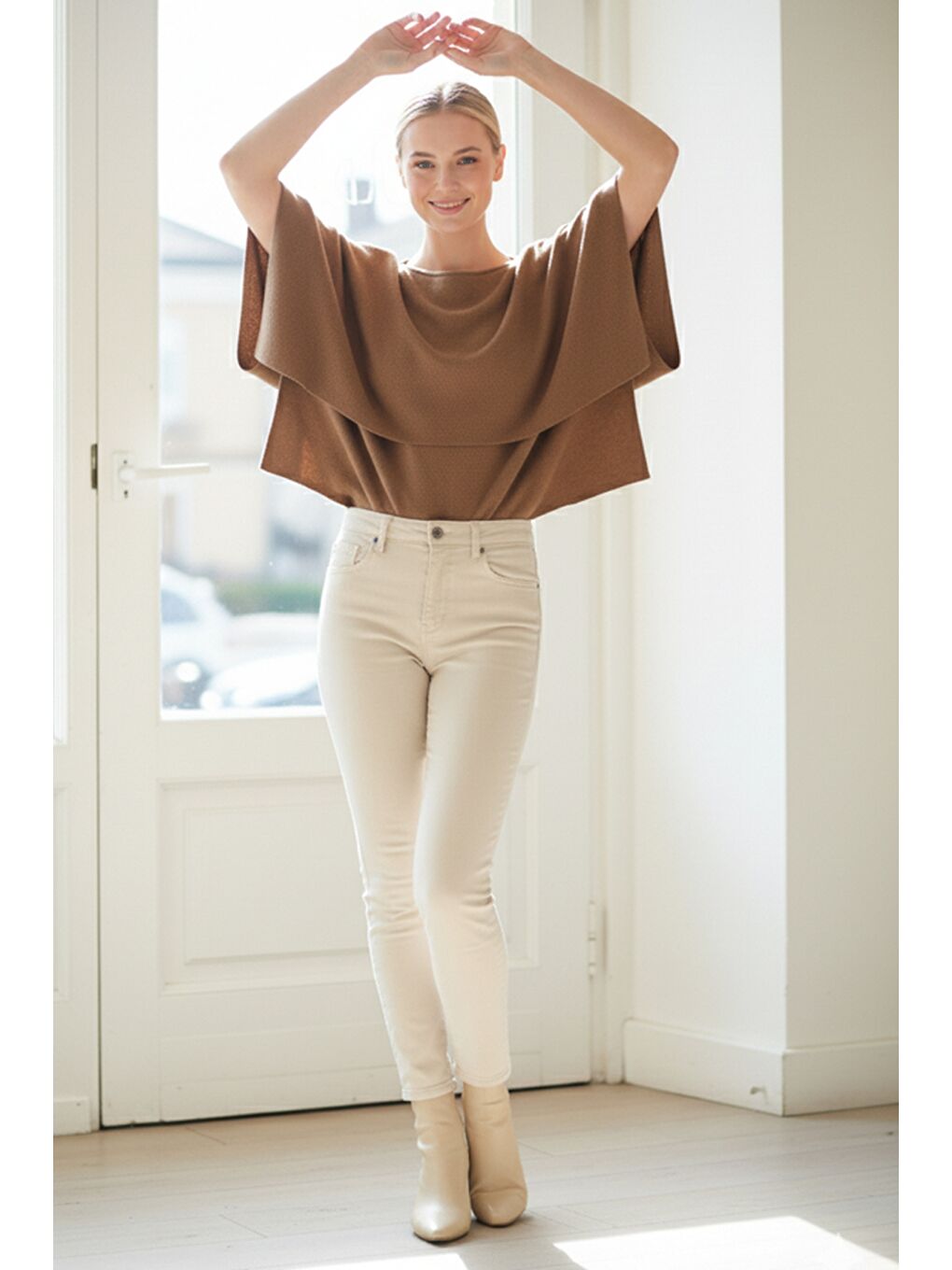 İtalyan Sütlü Kahverengi Kayık Yaka Mendil Kol Casual Akrilik Triko Kazak 55 60-2