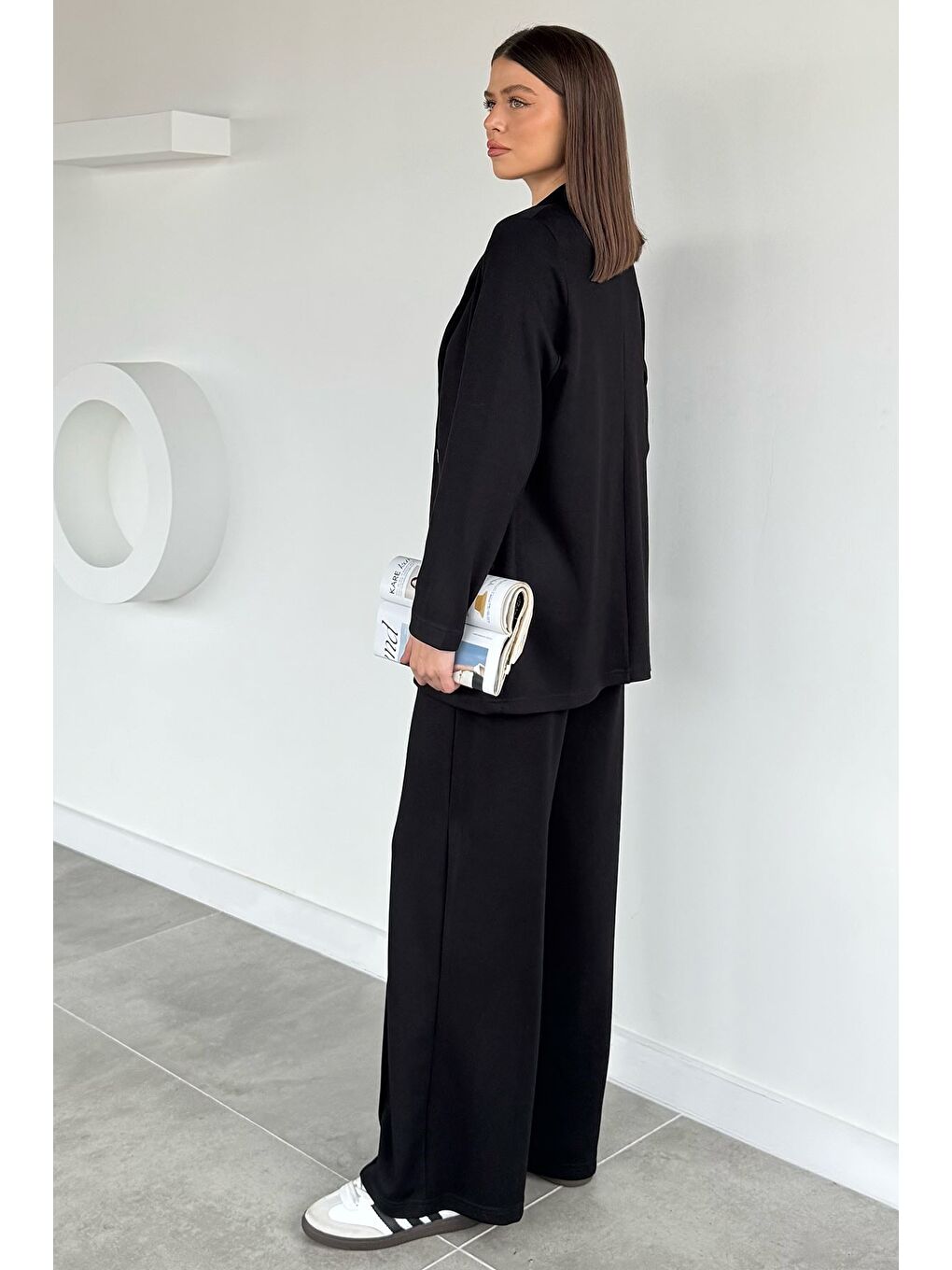 Siyah Kadın Tek Düğmeli Ceket Bel Lastikli Çimalı Pantolon İkili Takım-3