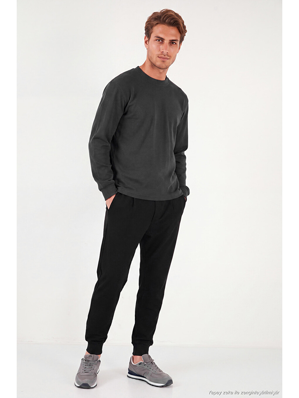 Antrasit Pamuk Karışımlı Relaxed Fit Bisiklet Yaka Sweat 5905837-5