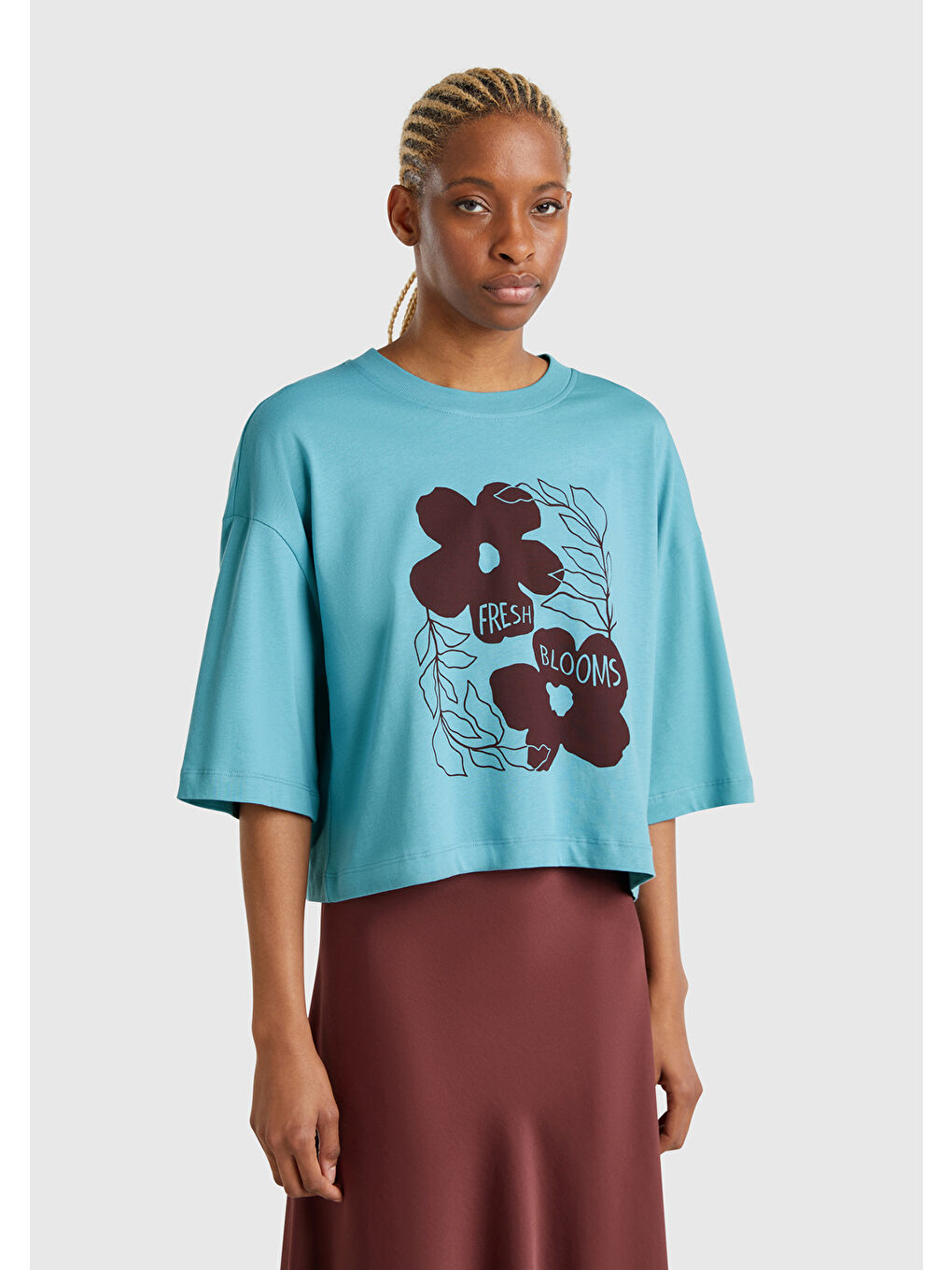 Kadın Mavi 100 Pamuk Çiçek Desenli Boxy Fit T Shirt