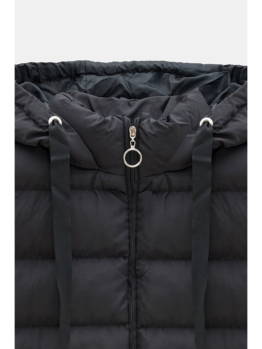 Siyah Kadın Regular Fit Dik Yaka Kapüşonlu Fermuarlı Cepli Şişme Yelek - Su Geçirmez-3