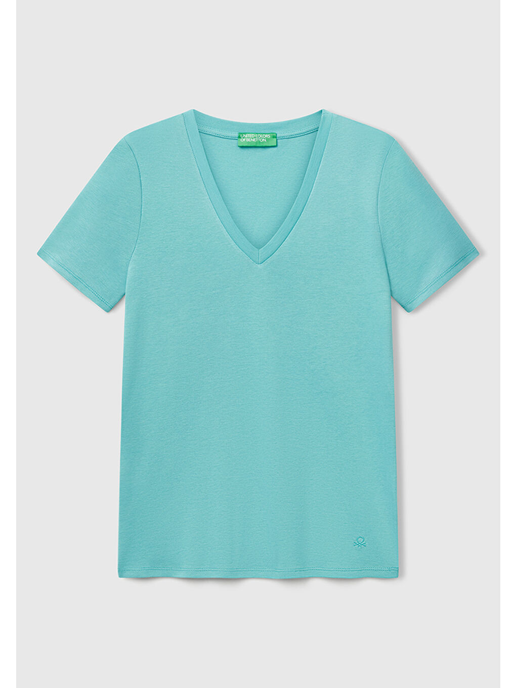 Kadın Buz Mavisi %100 Pamuk V Yaka Basic Tişört-1