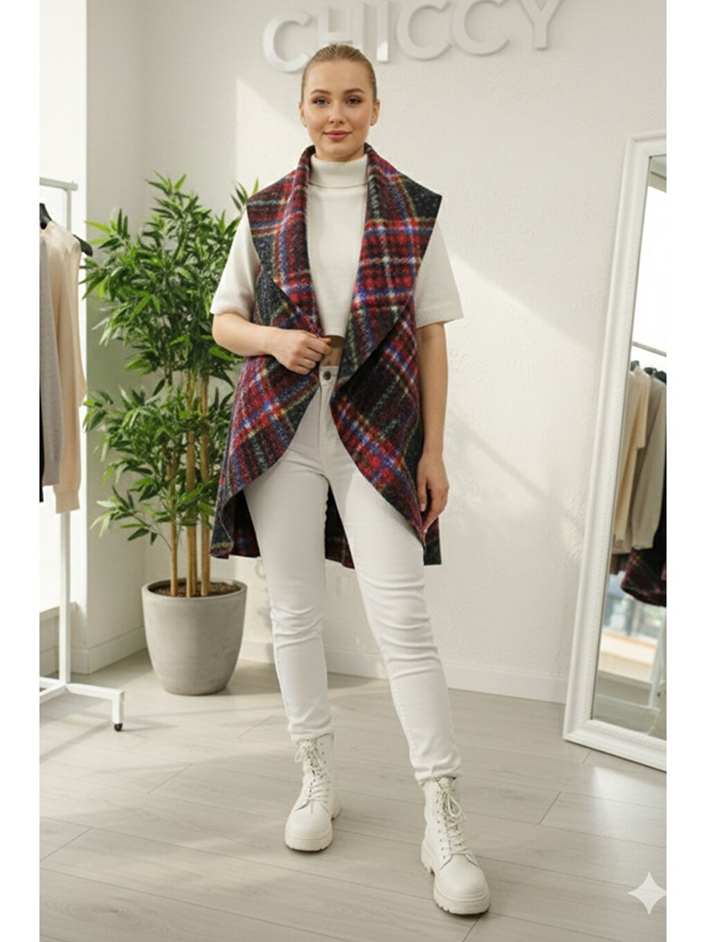 İtalyan Siyah-Bordo Şal Yaka Kolsuz Ekose Kapamasız Kalın Akrilik Uzun Oversize Dokuma Yelek 85 68-1