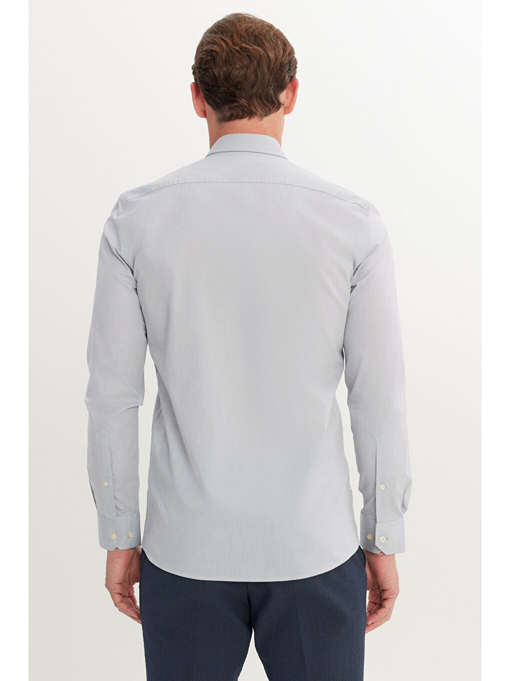 Erkek Gri Flamlı Slim Fit Dar Kesim Düğmeli Yaka Gömlek-4