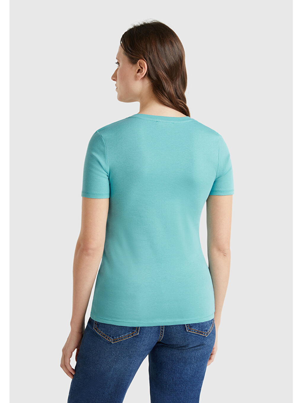 Kadın Buz Mavisi %100 Pamuk V Yaka Basic Tişört-2