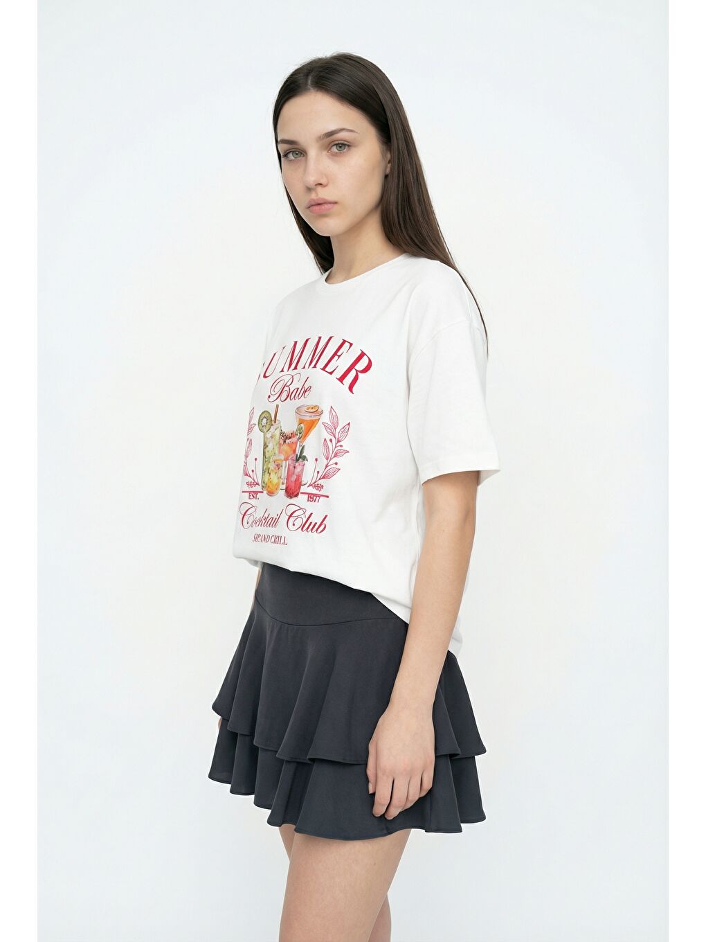 Summer Babe Baskılı Oversize Tişört Ekru-2