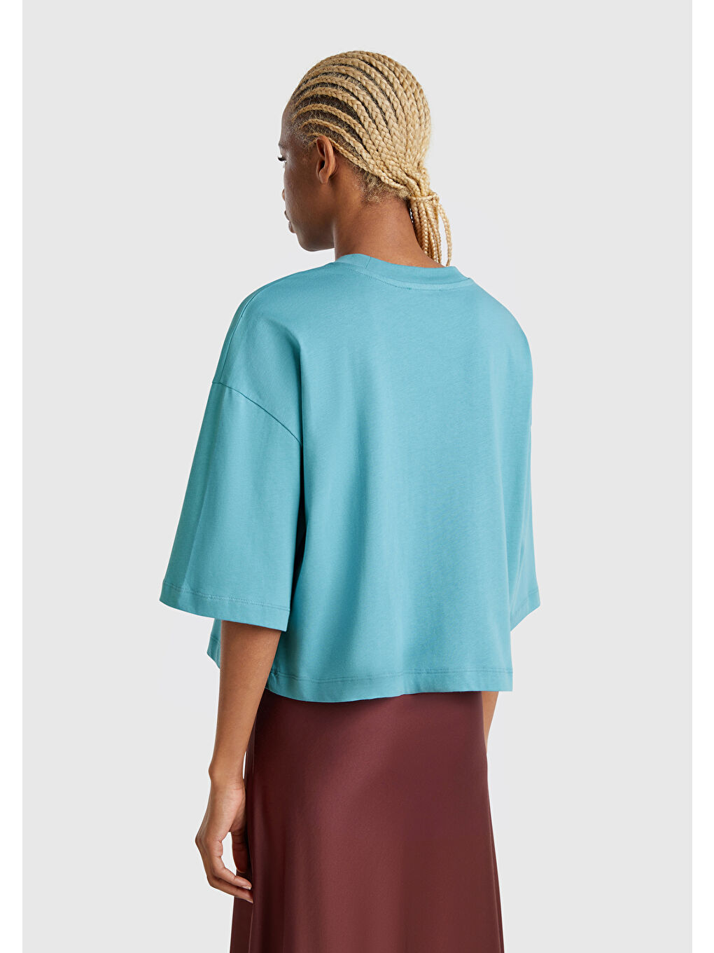 Kadın Mavi 100 Pamuk Çiçek Desenli Boxy Fit T Shirt-2