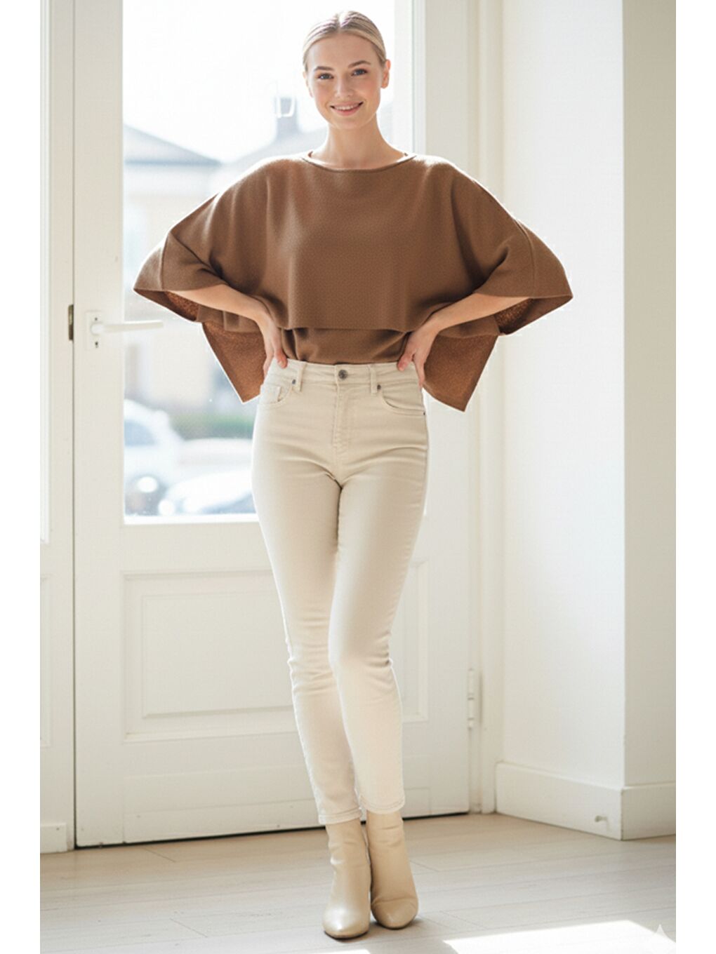 İtalyan Sütlü Kahverengi Kayık Yaka Mendil Kol Casual Akrilik Triko Kazak 55 60-3