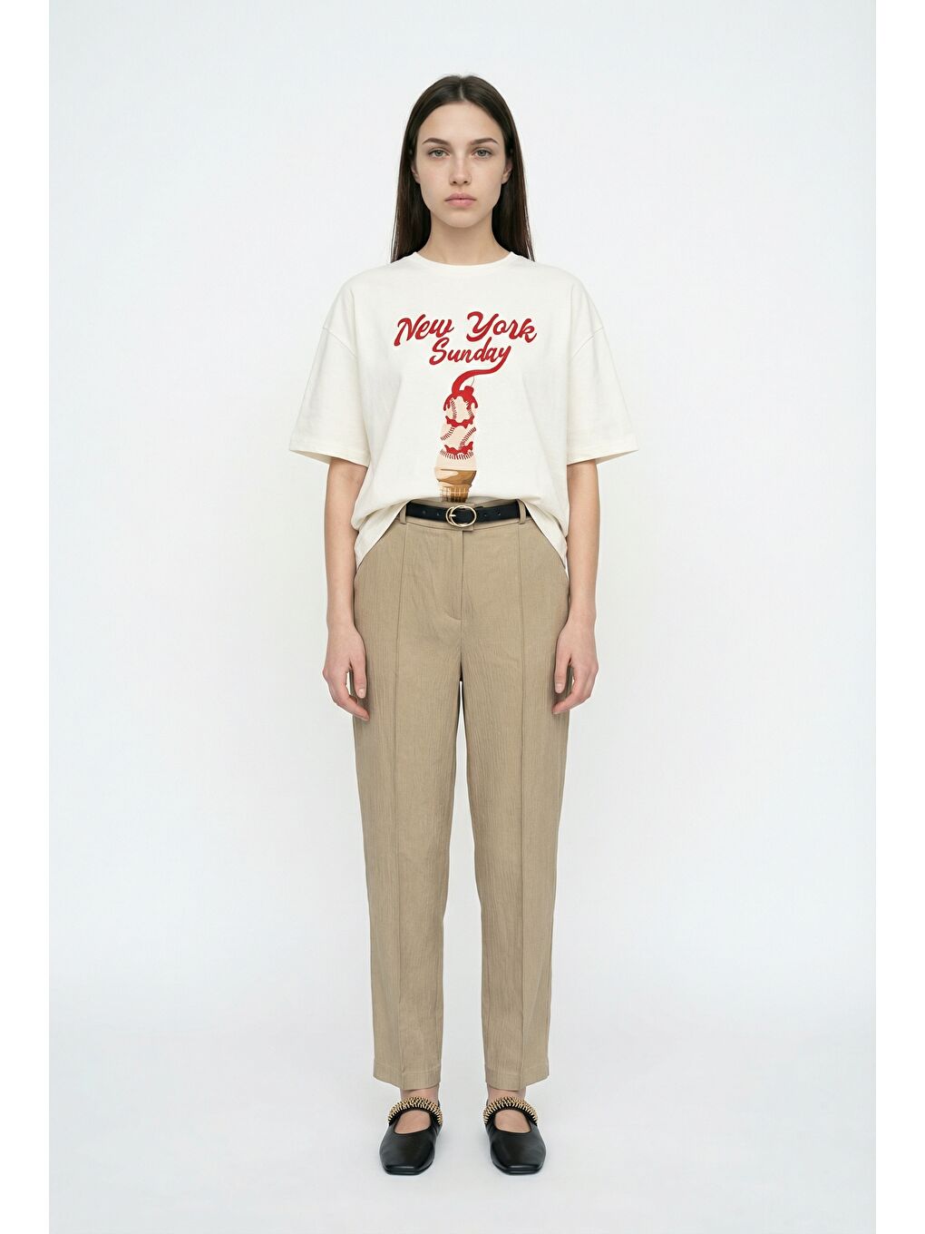 Dondurma Baskılı Oversize Tişört Ekru-3