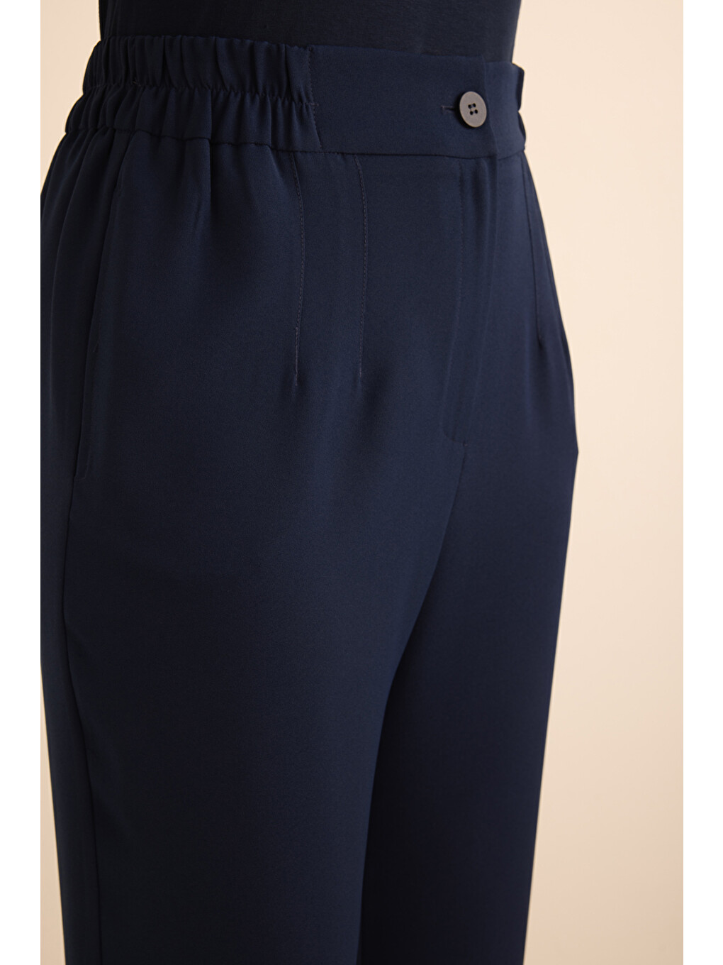Lacivert Beli Lastik Detaylı Krep Pantolon-4