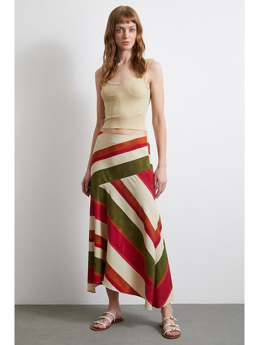 Chery Çizgili Verev Etek Bej-1