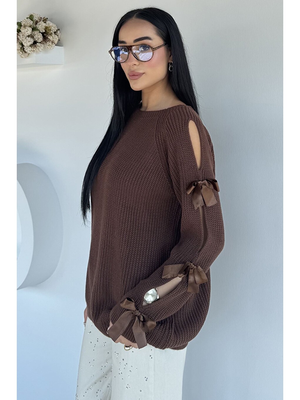 Kahverengi Kadın Fiyonk Detaylı Triko Bluz-4