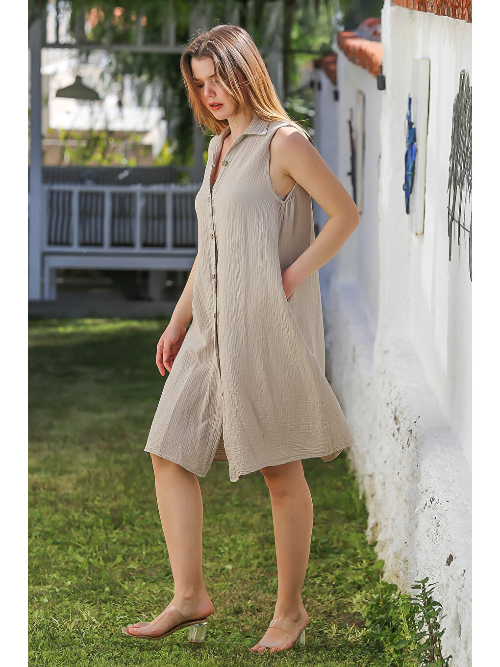 Ekru Krem Gömlek Yaka Kolsuz Düğmeli Cepli Yıkamalı Casual Müslin Dokuma Elbise 105 60-2