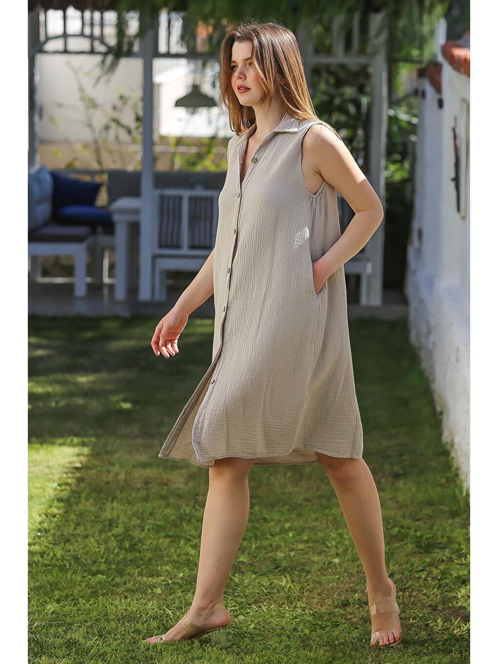 Ekru Krem Gömlek Yaka Kolsuz Düğmeli Cepli Yıkamalı Casual Müslin Dokuma Elbise 105 60-3