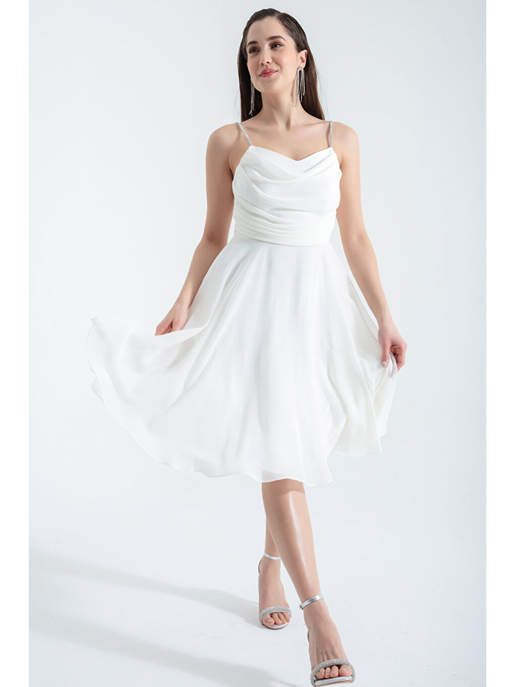 Kadın Beyaz Taş Askılı Midi Abiye Elbise