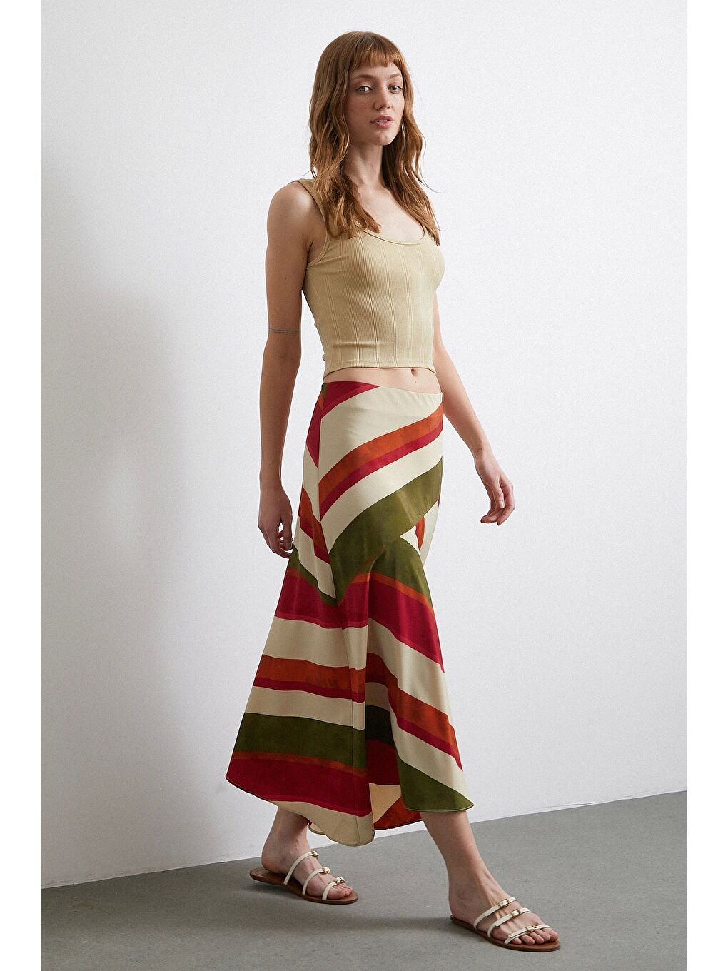 Chery Çizgili Verev Etek Bej-2