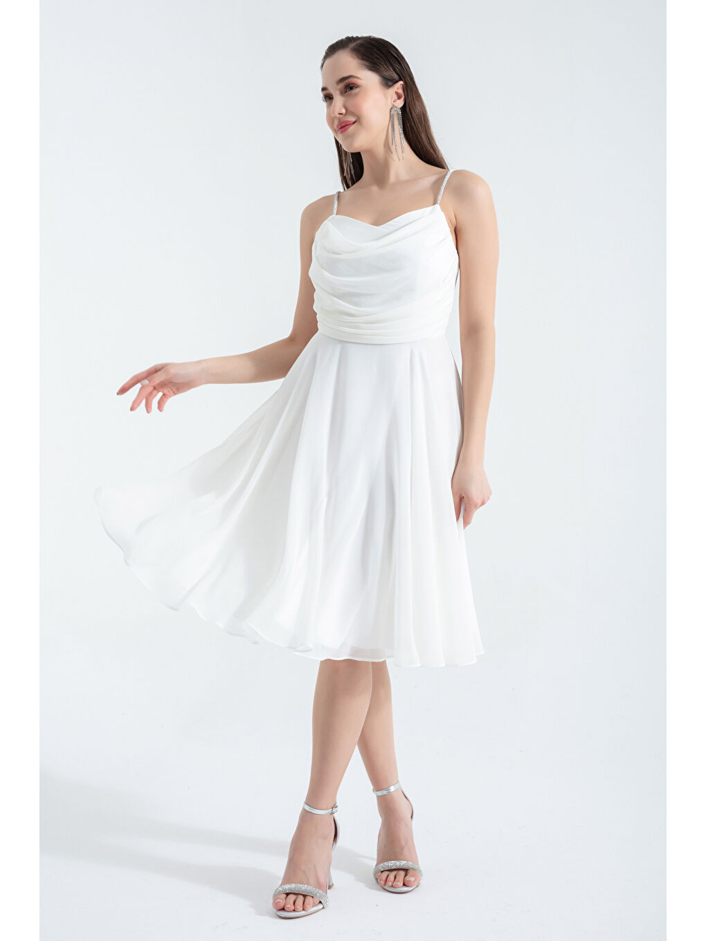Kadın Beyaz Taş Askılı Midi Abiye Elbise-1
