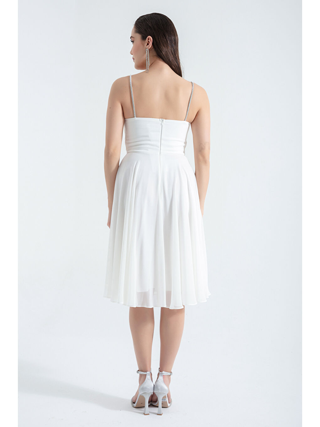 Kadın Beyaz Taş Askılı Midi Abiye Elbise-4