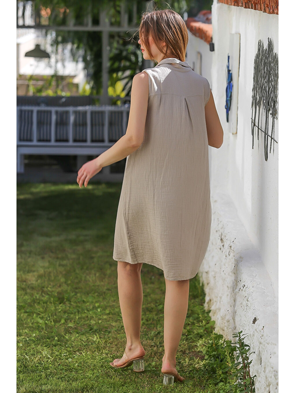 Ekru Krem Gömlek Yaka Kolsuz Düğmeli Cepli Yıkamalı Casual Müslin Dokuma Elbise 105 60-7