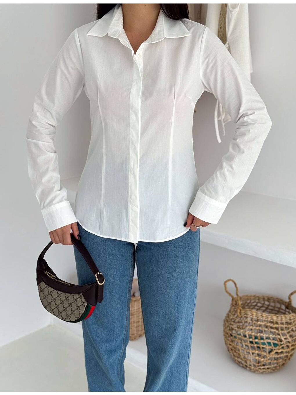 Slim Fit Düğmeli Beyaz Gömlek-1