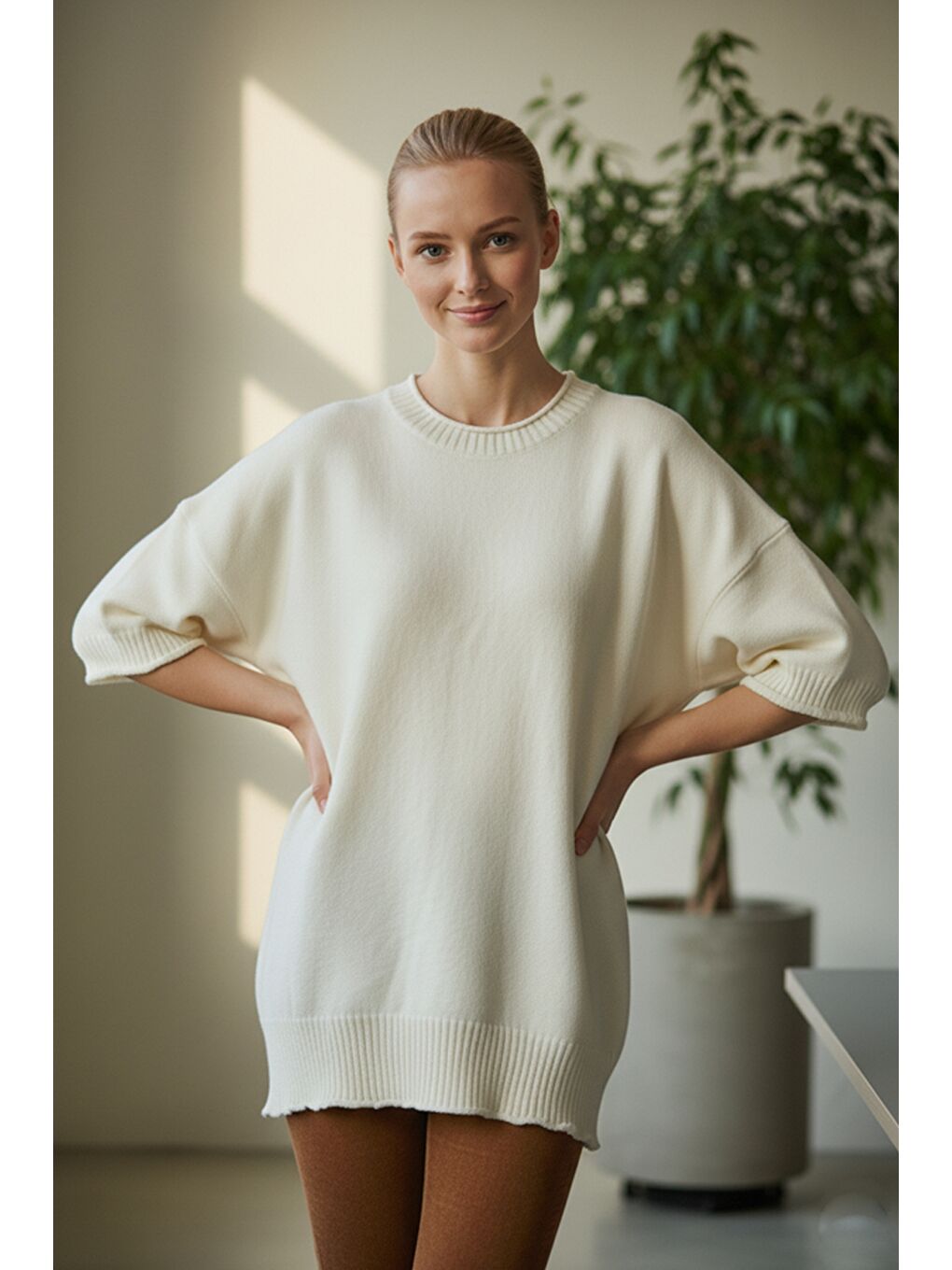 Ekru İtalyan Krem Rengi Bisiklet Yaka Kısa Kol Casual Akrilik Geniş Kesim Oversize Triko Kazak 73 65-1